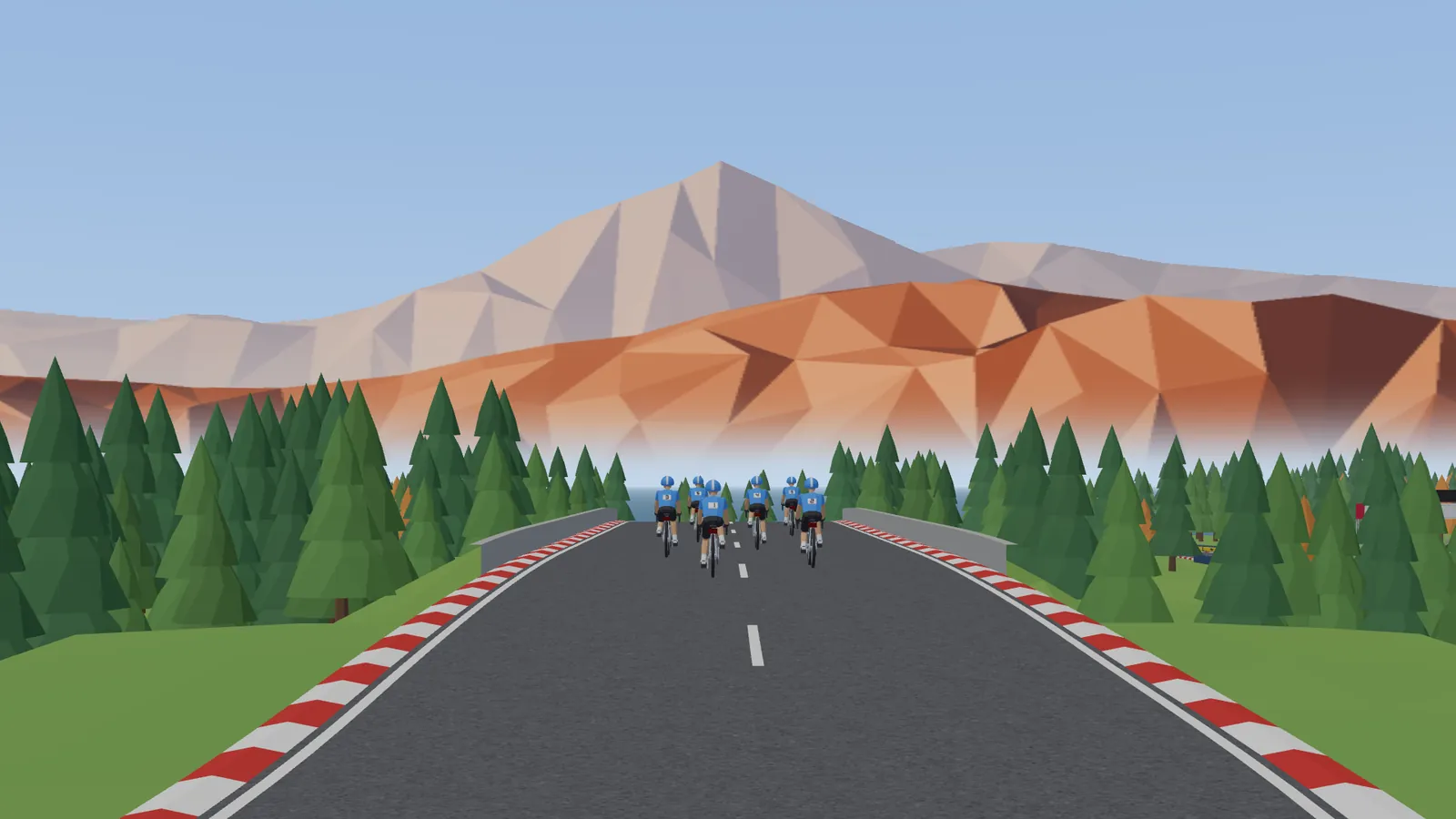 The bunch up the road ahead, on the crest of the bridge