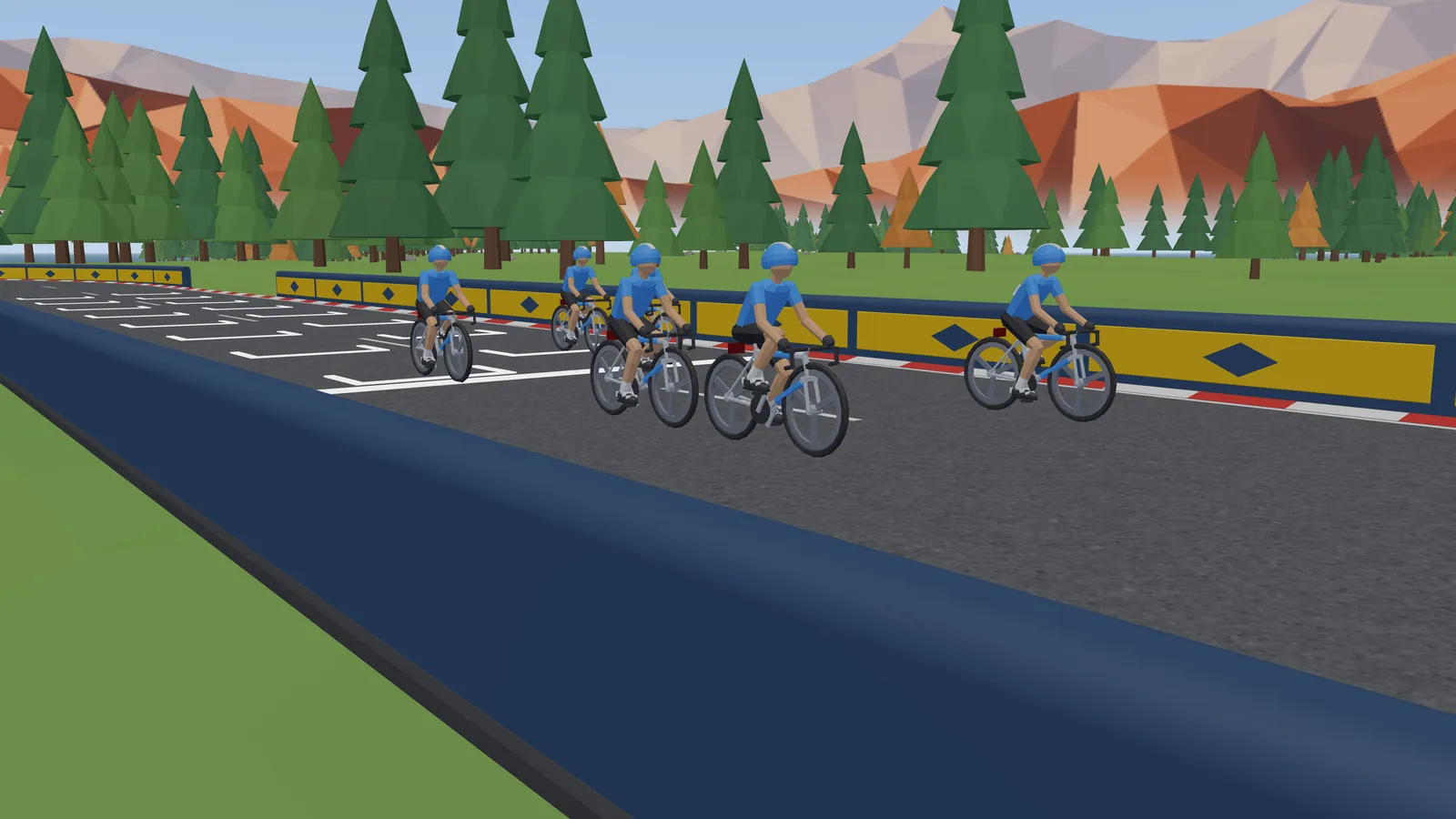 Riders side by side, wheel to wheel along the barrier